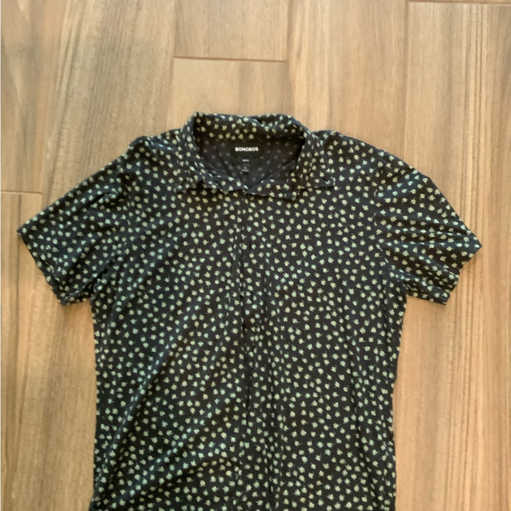 Bonobos Black Shirt with Green Floral Pattern